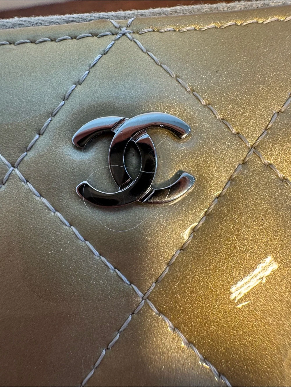 CHANEL Metallic Gold Quilted Patent Leather Zippy Long Wallet w/COA